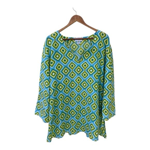 Blue Opihi Tunic Geometric Blue Green Lightweight Cotton Top Sz 2X - Picture 6 of 8